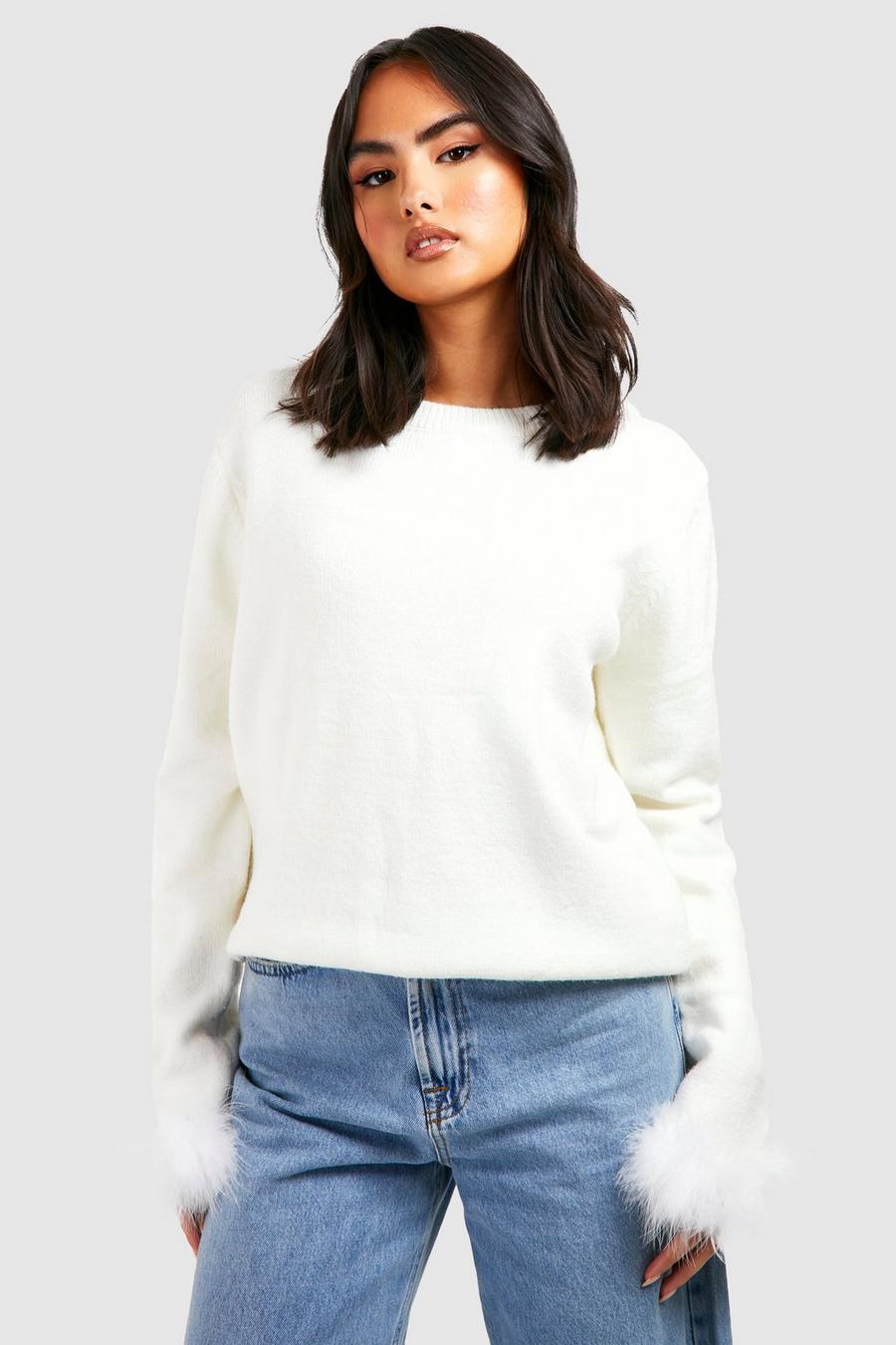 Ivory Faux Fur Trim Sweater image number 1