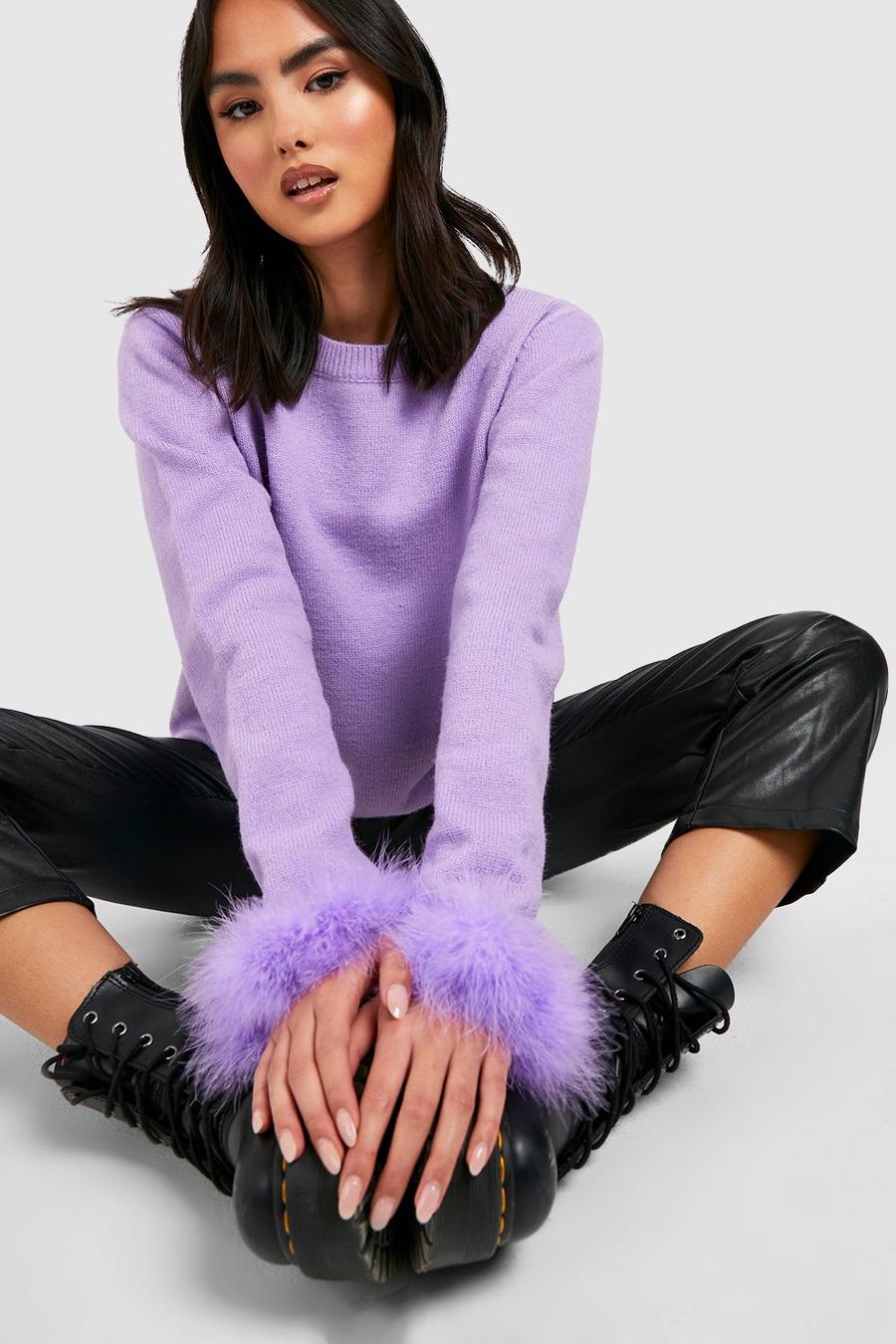 Lilac purple Faux Fur Trim Sweater image number 1