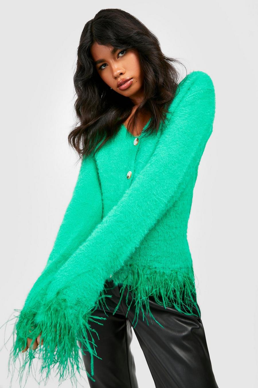 Green Feather Trim Fluffy Cardigan  image number 1