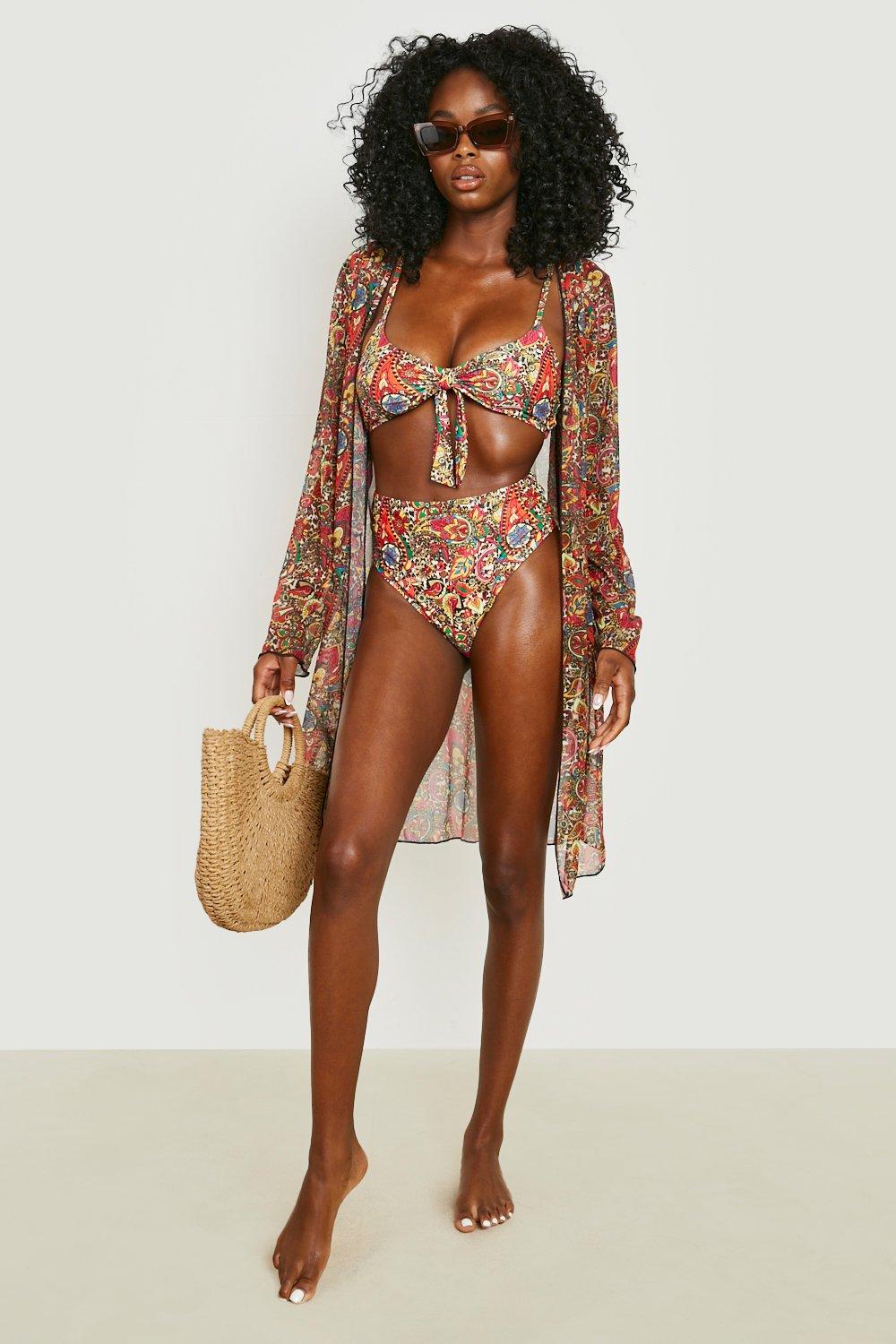 Bikini 3 pièces à imprimé fleuri avec kimono, haut noué et bas taille haute