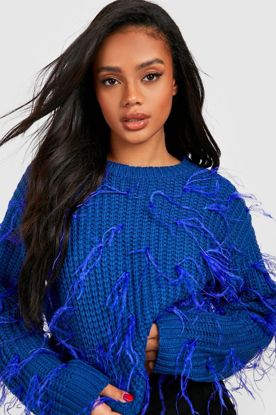 Cobalt All Over Feather Trim Sweater image number 1