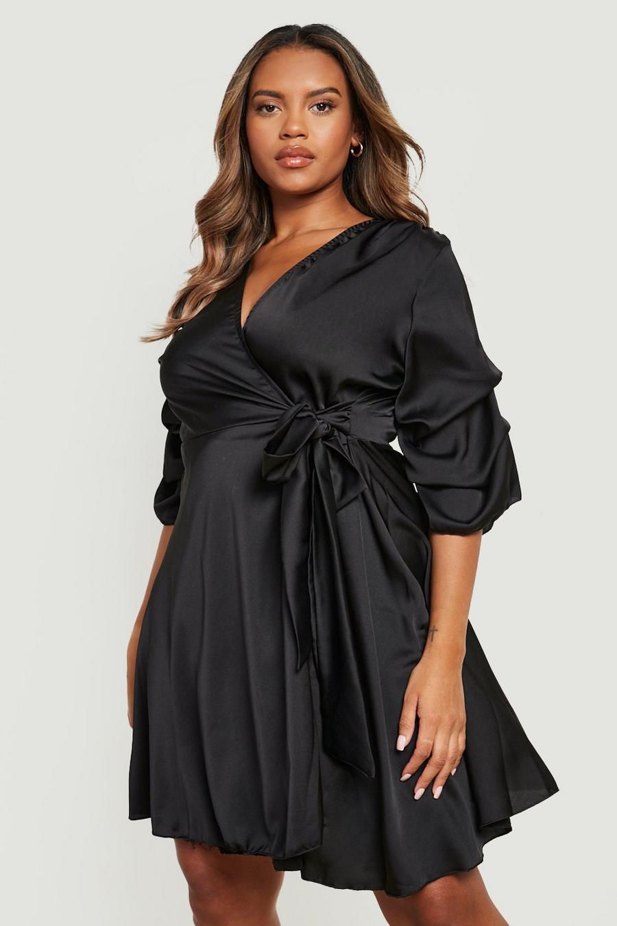 Black Plus Satin Ruched Sleeve Wrap Dress