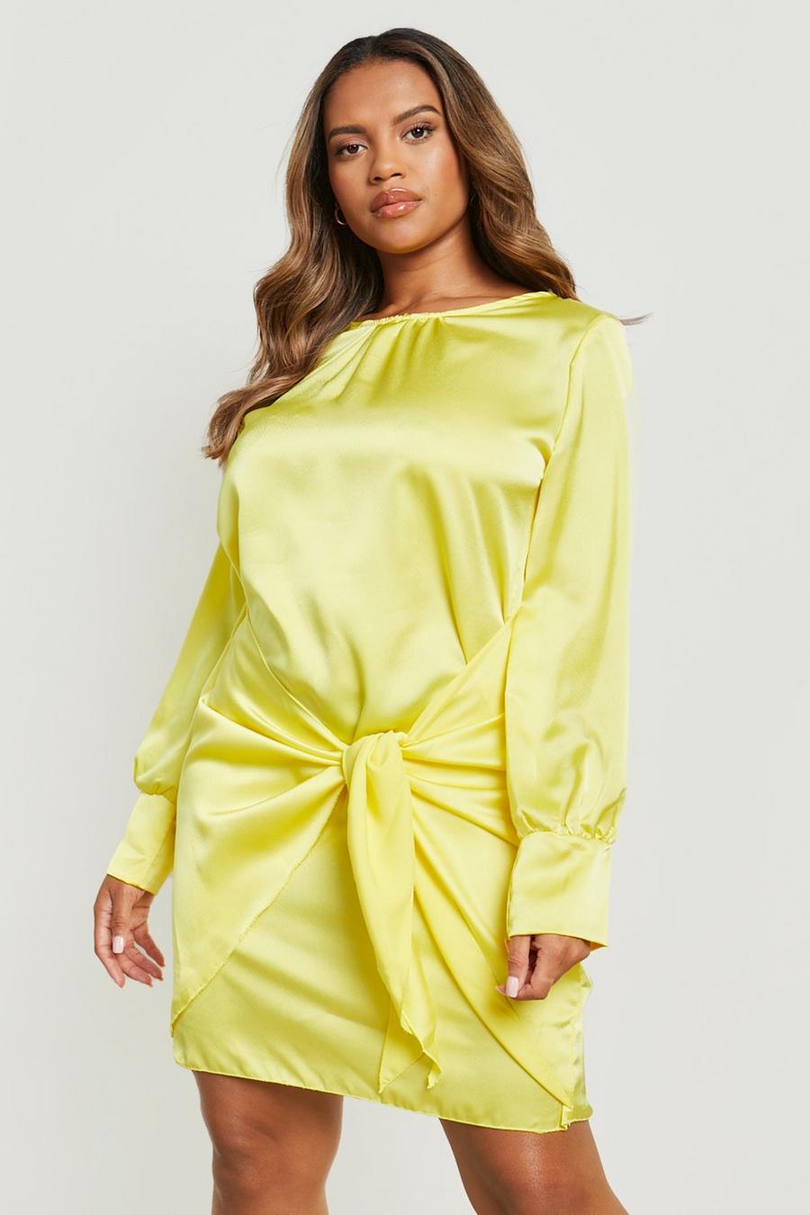Yellow Plus Satin Long Sleeve Tie Front Dress image number 1