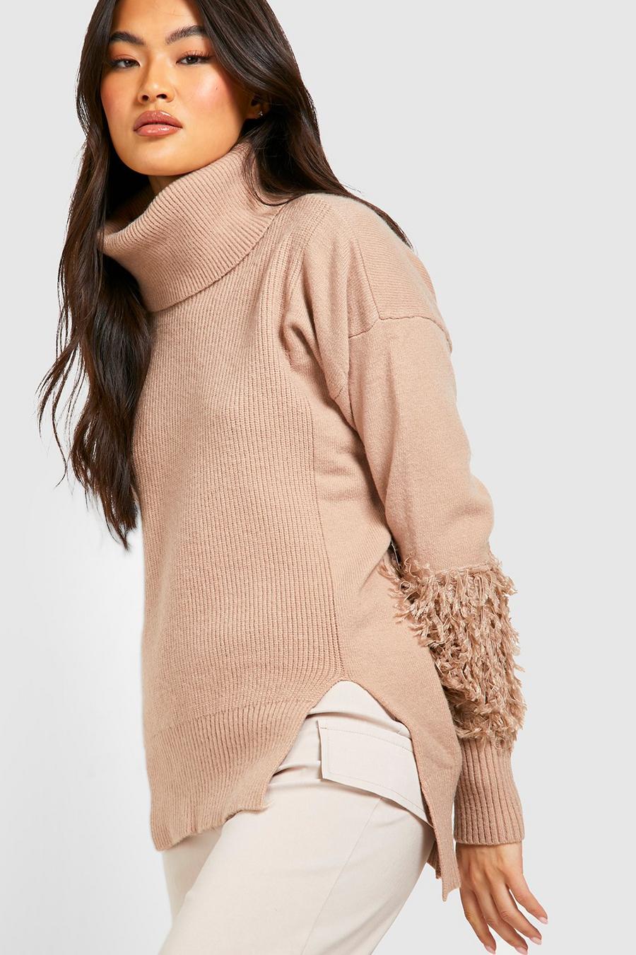 Mocha beige Faux Fur Sleeve Turtleneck Sweater