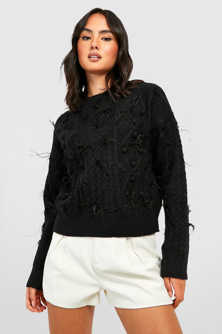 Black All Over Feather Trim Crop Sweater image number 1
