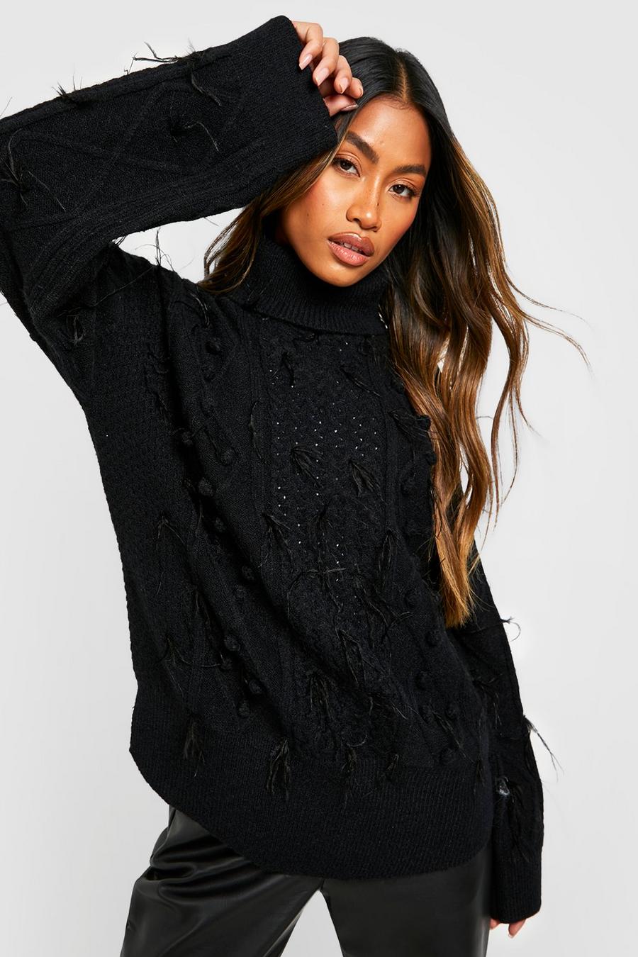 Black Roll Neck Feather Cable Knitted Jumper