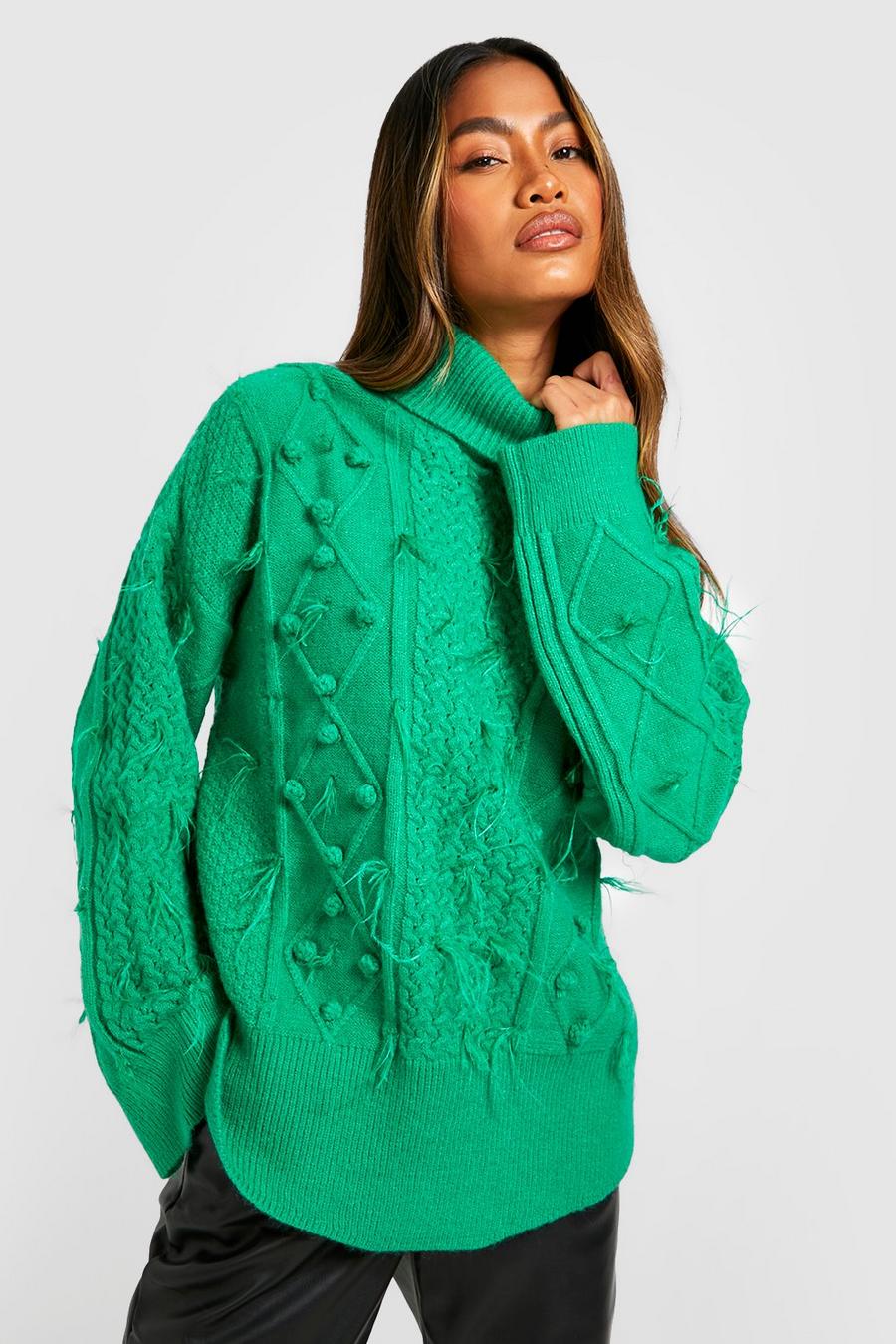 Bottle green Roll Neck Feather Cable Knitted Jumper image number 1