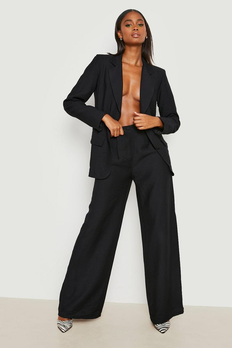 Black Textured Relaxed Fit Wide Leg Pants image number 1