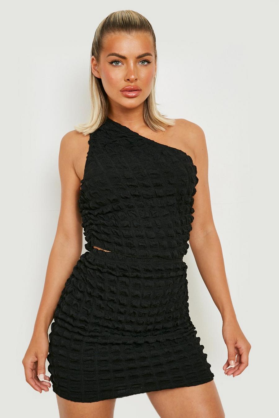 Black Bubble Jersey Knit One Shoulder Crop & Mini Skirt image number 1