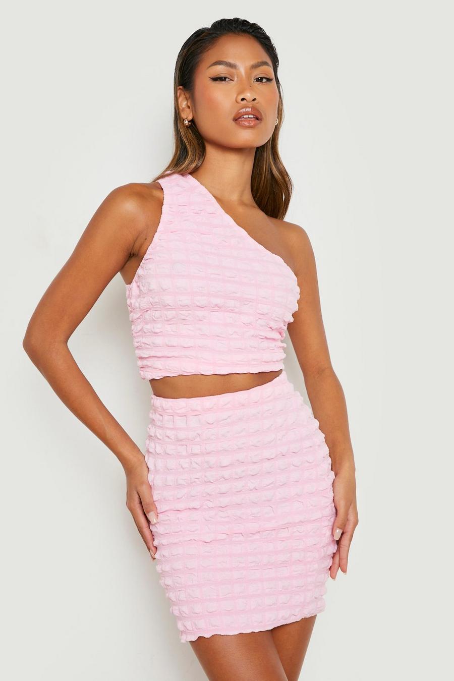Candy pink Bubble Jersey Knit One Shoulder Crop & Mini Skirt image number 1