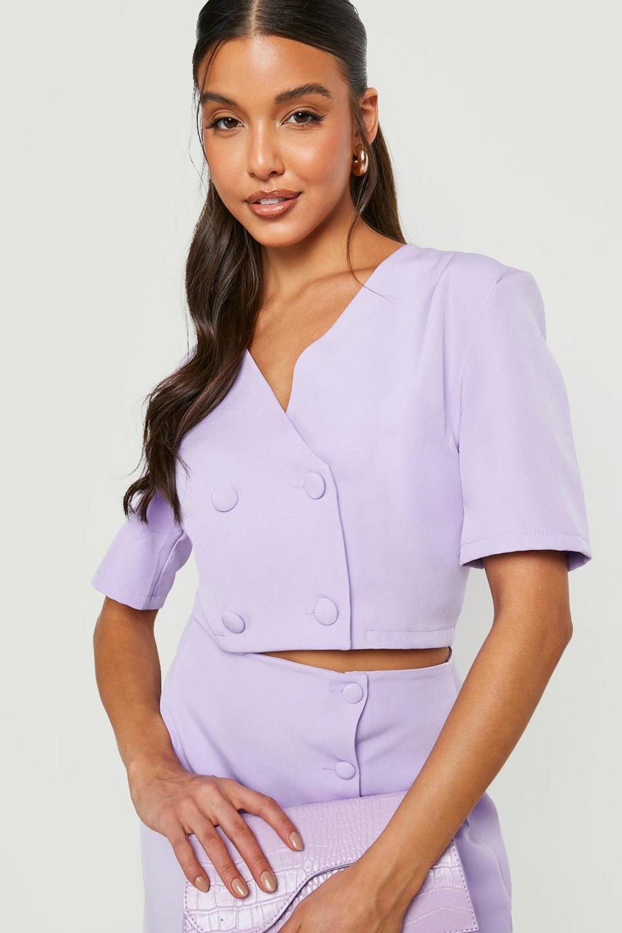 Lilac Double Breasted Cropped Tailored Blazer image number 1