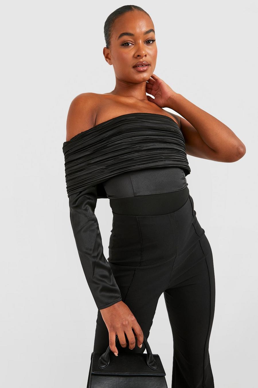 Black Tall Ruche One Sleeve Satin Bodysuit image number 1
