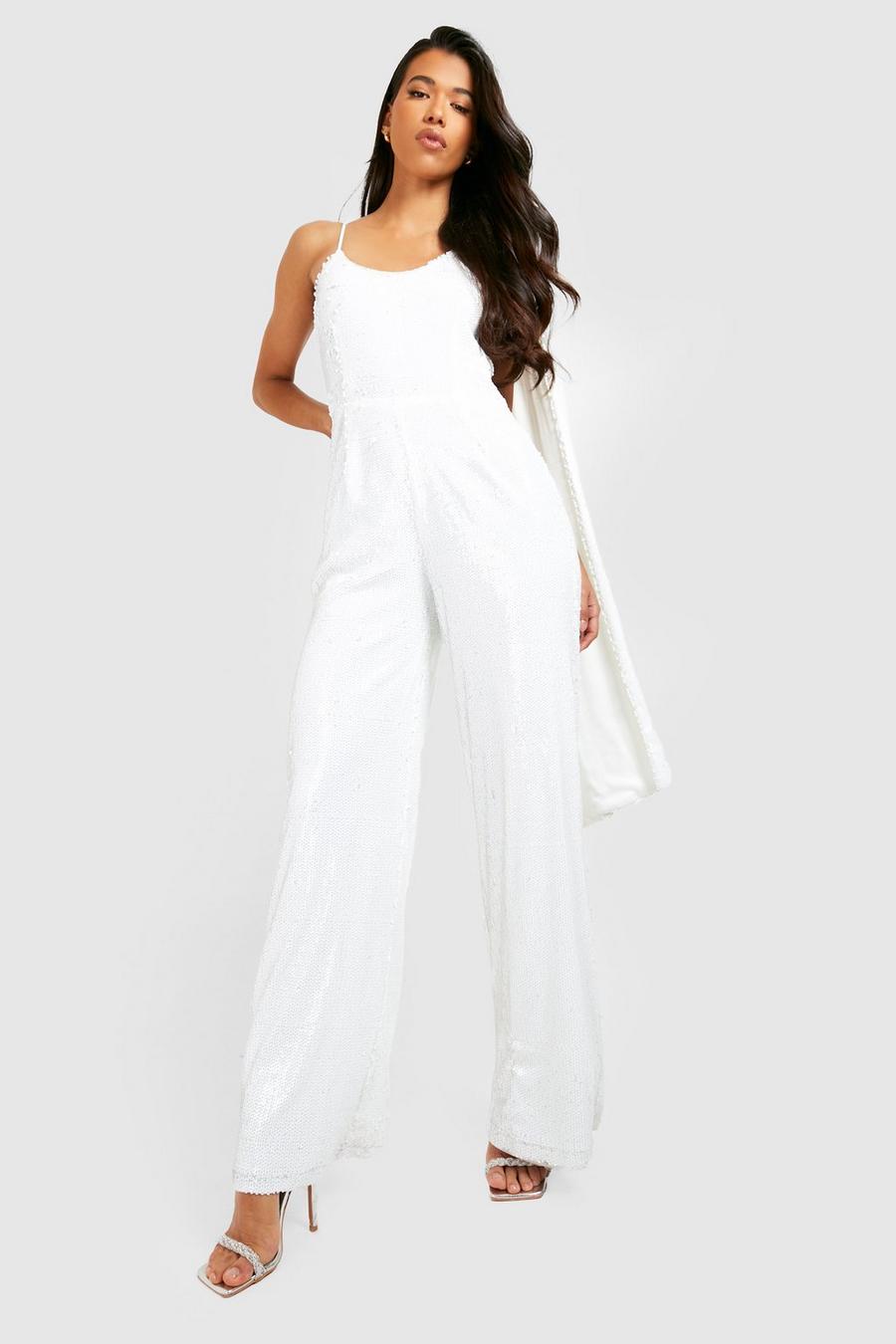 Ivory white Tall Sequin Drape Jumpsuit