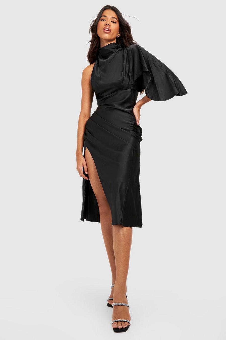 Black noir Tall High Neck One Shoulder Satin Dress