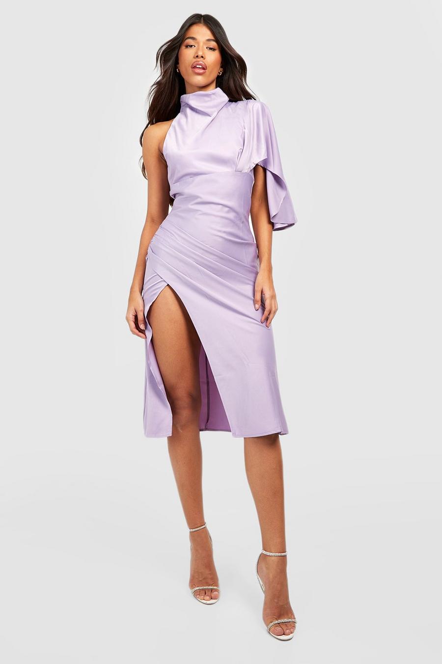 Lilac Tall High Neck One Shoulder Satin Dress image number 1