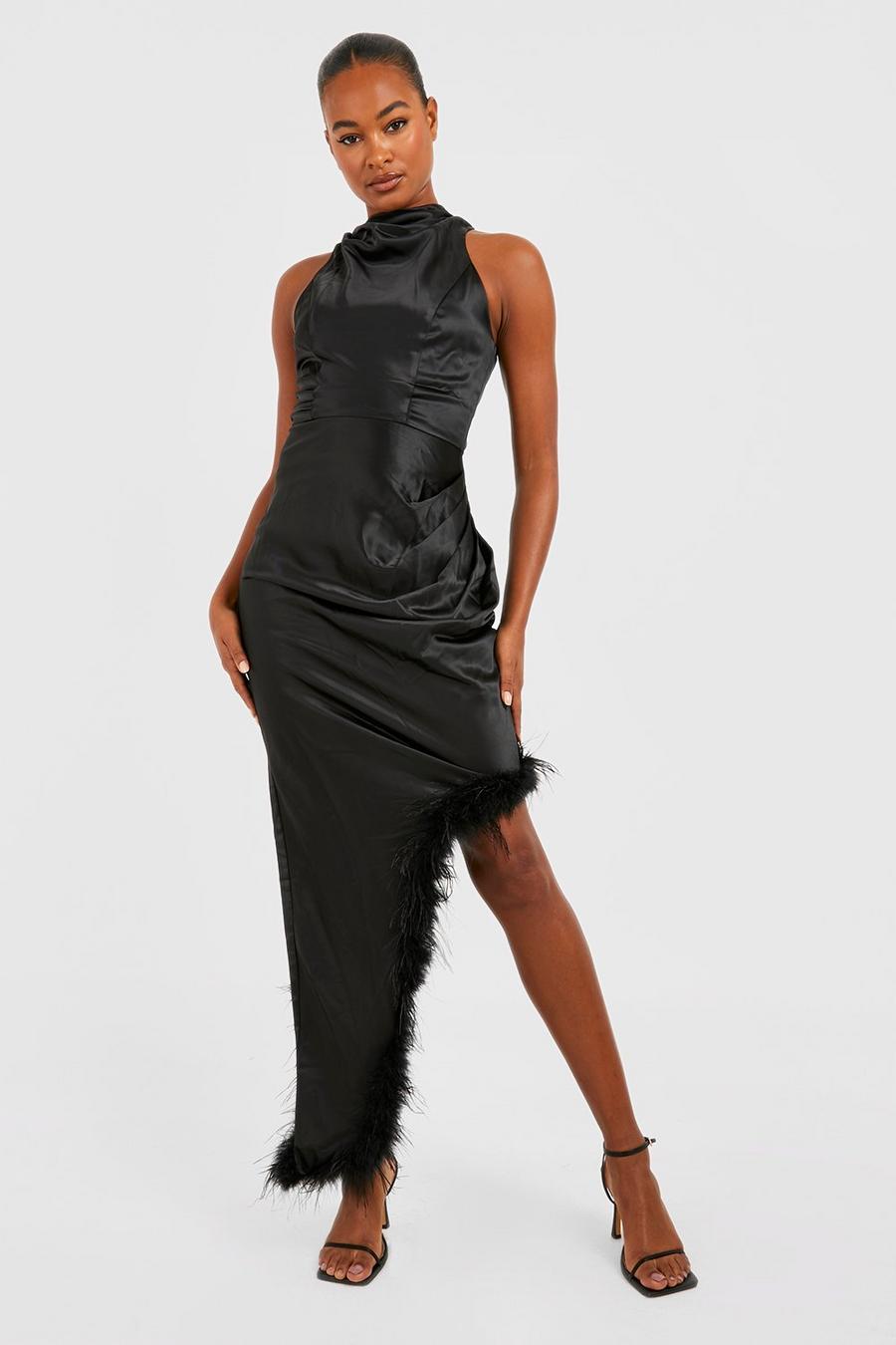 שחור שמלת סאטן עם צווארון גבוה ועיטור נוצות, לנשים גבוהות image number 1
