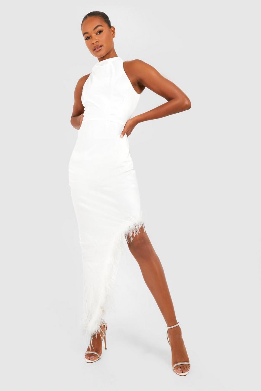 Ivory Tall High Neck Satin Feather Trim Dress image number 1
