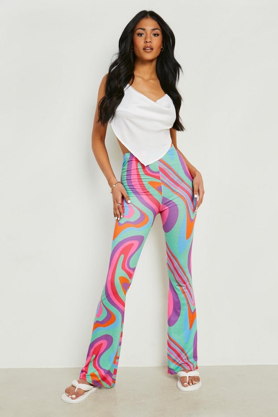 Green Tall Bright Swirl Print Flares image number 1