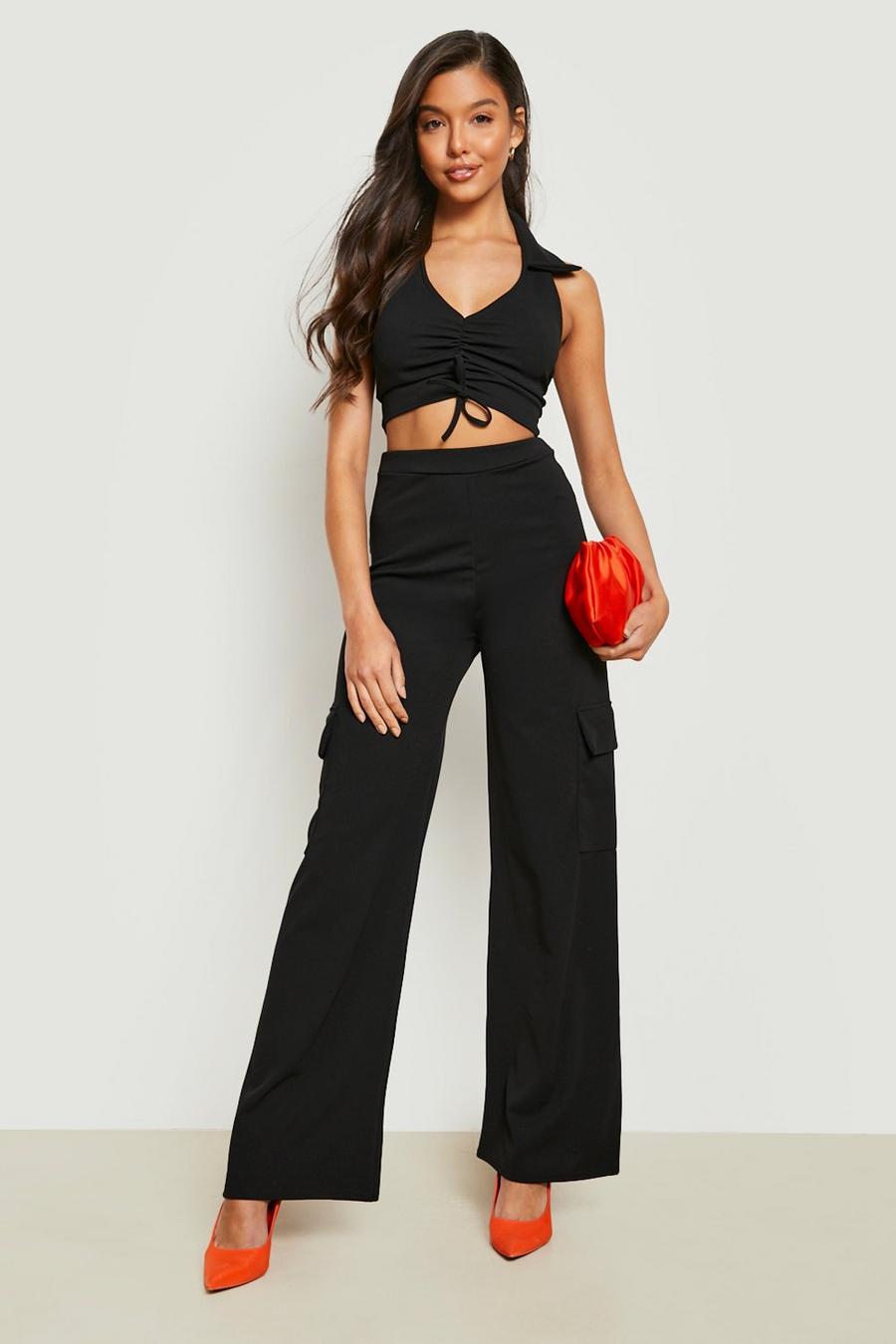 Black Ruched Collared Crop & Cargo Pants image number 1