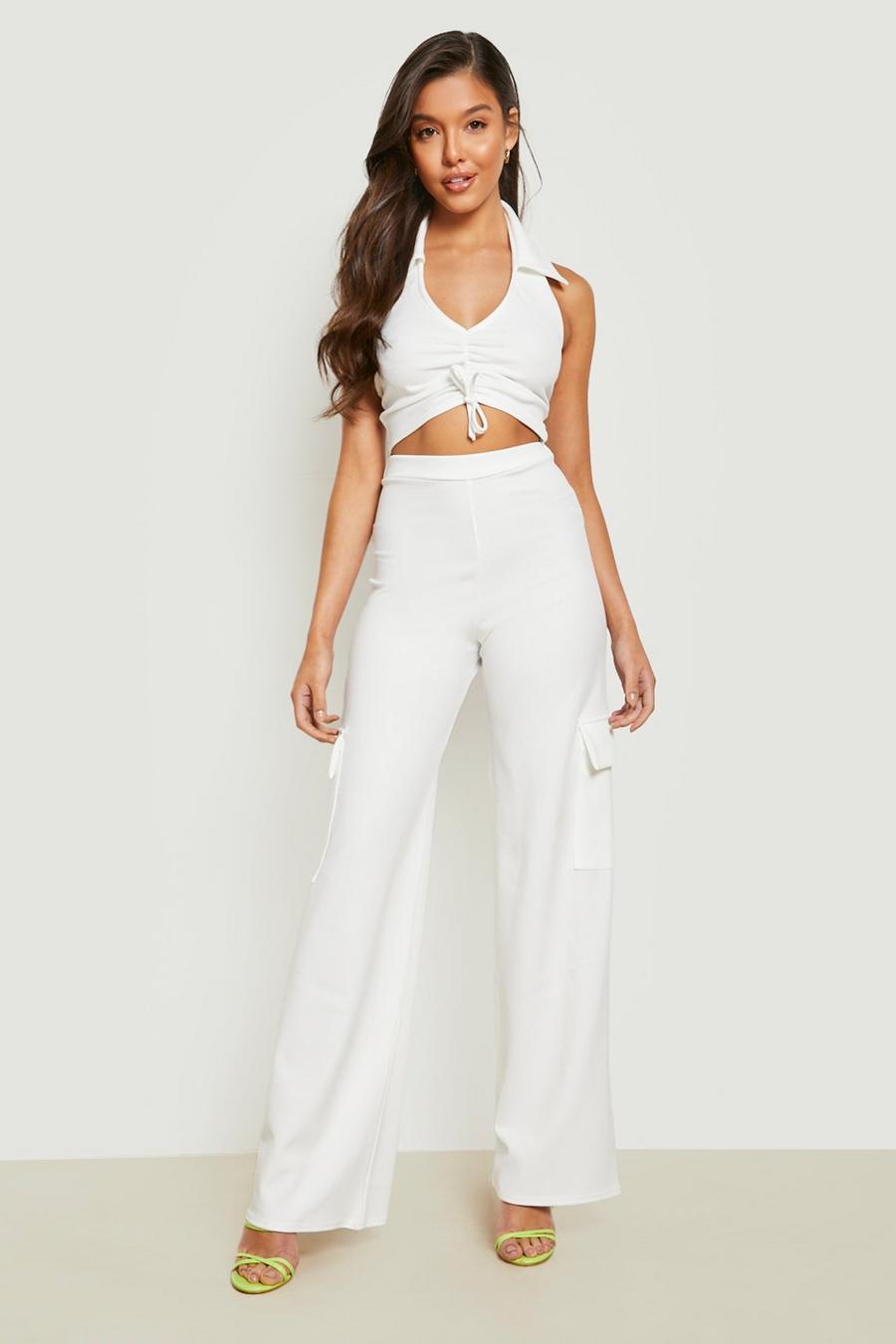 Ivory Ruched Collared Crop & Cargo Pants image number 1