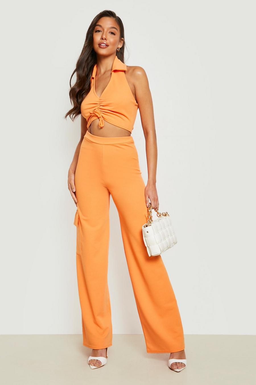 Orange naranja Ruched Collared Crop & Cargo Trousers 