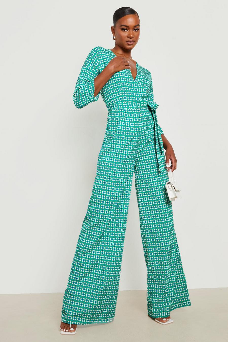 Green Tall Tile Print Belted Jumpsuit
