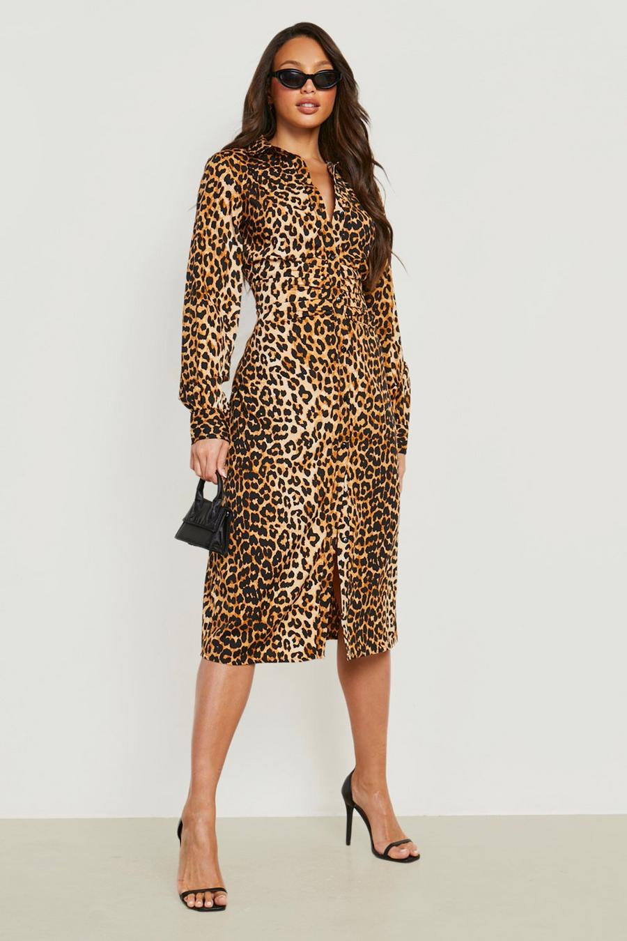 Brown Tall Leopard Print Ruche Midi Shirt Dress image number 1