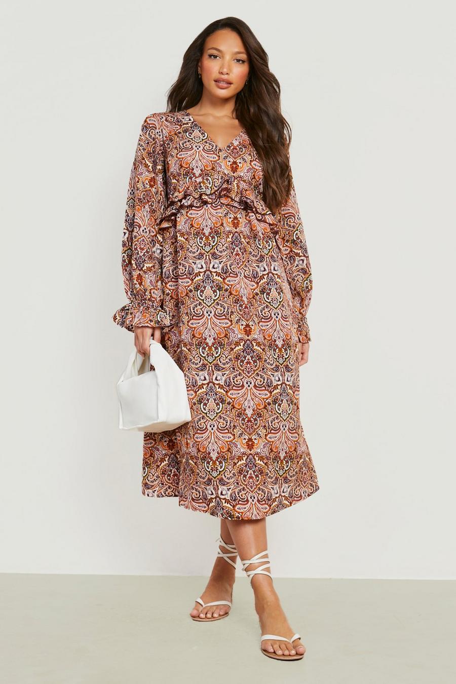 Brown marrone Tall Paisley Frill Detail Midi Dress image number 1