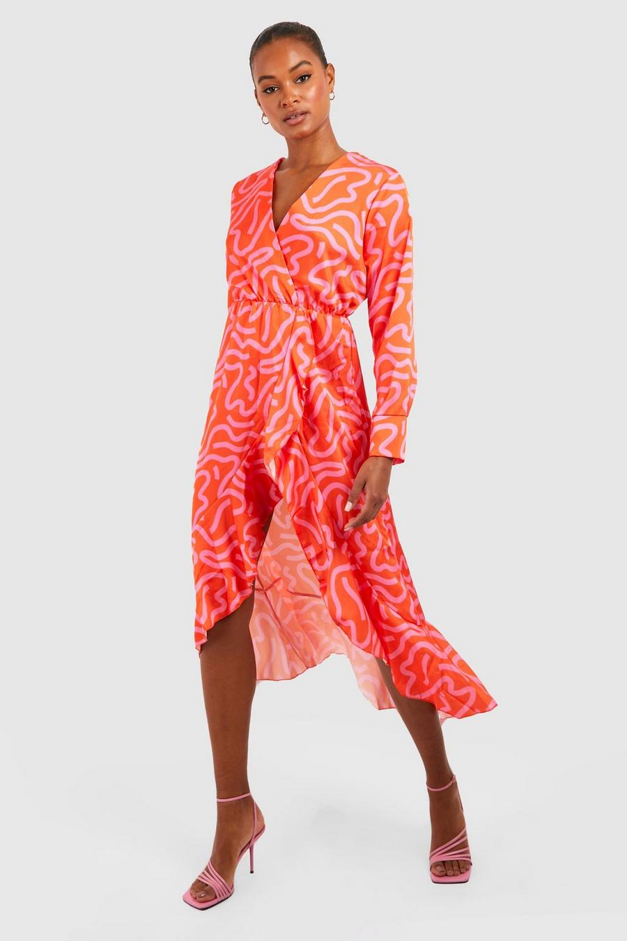 Orange Tall Printed Satin Wrap Dress