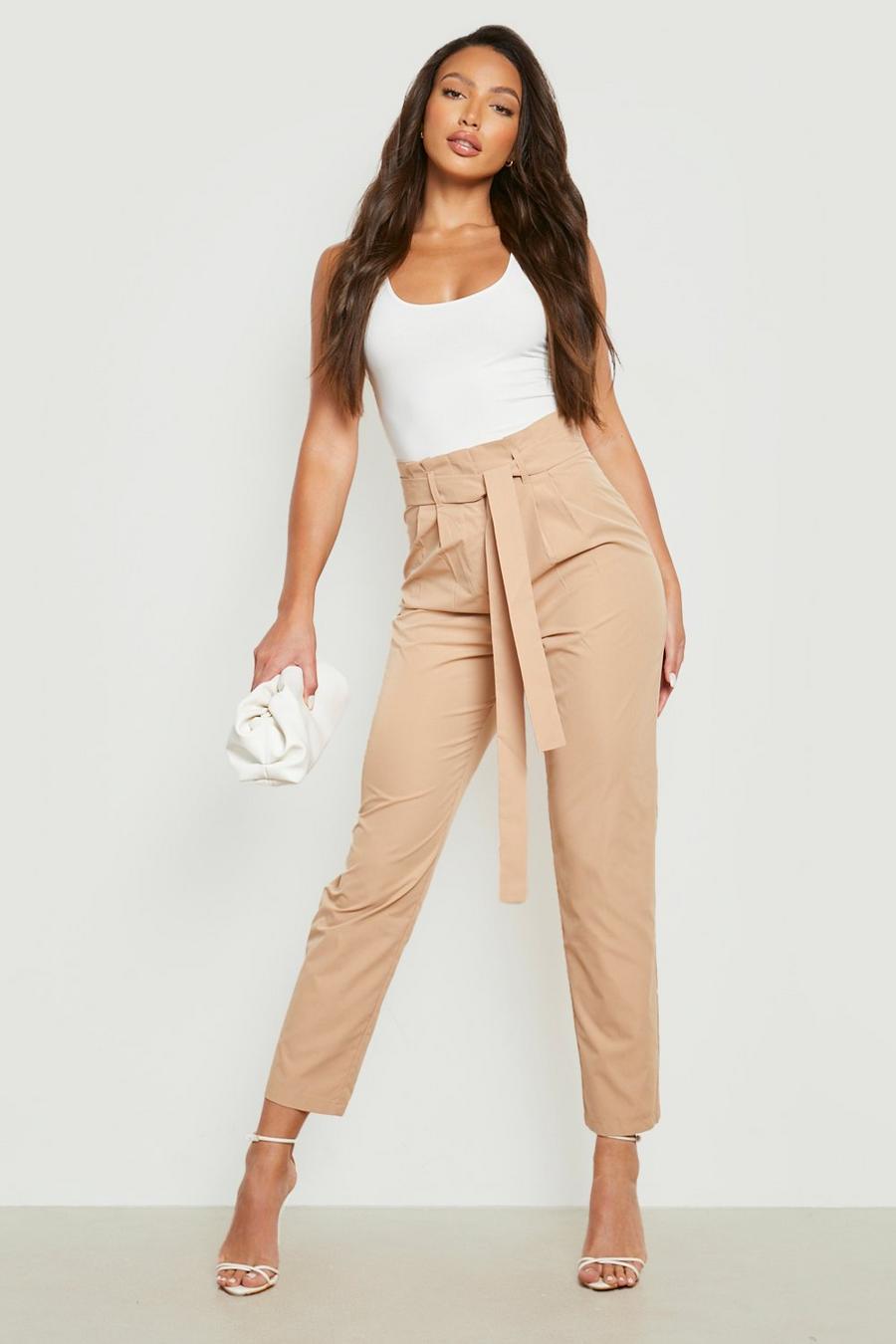 Tall schmale Hose mit Paperbag-Taille, Camel image number 1