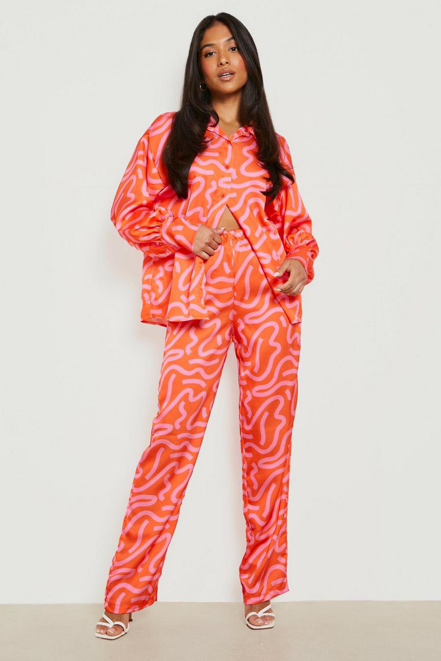 Orange Petite Abstract Printed Satin Trousers image number 1