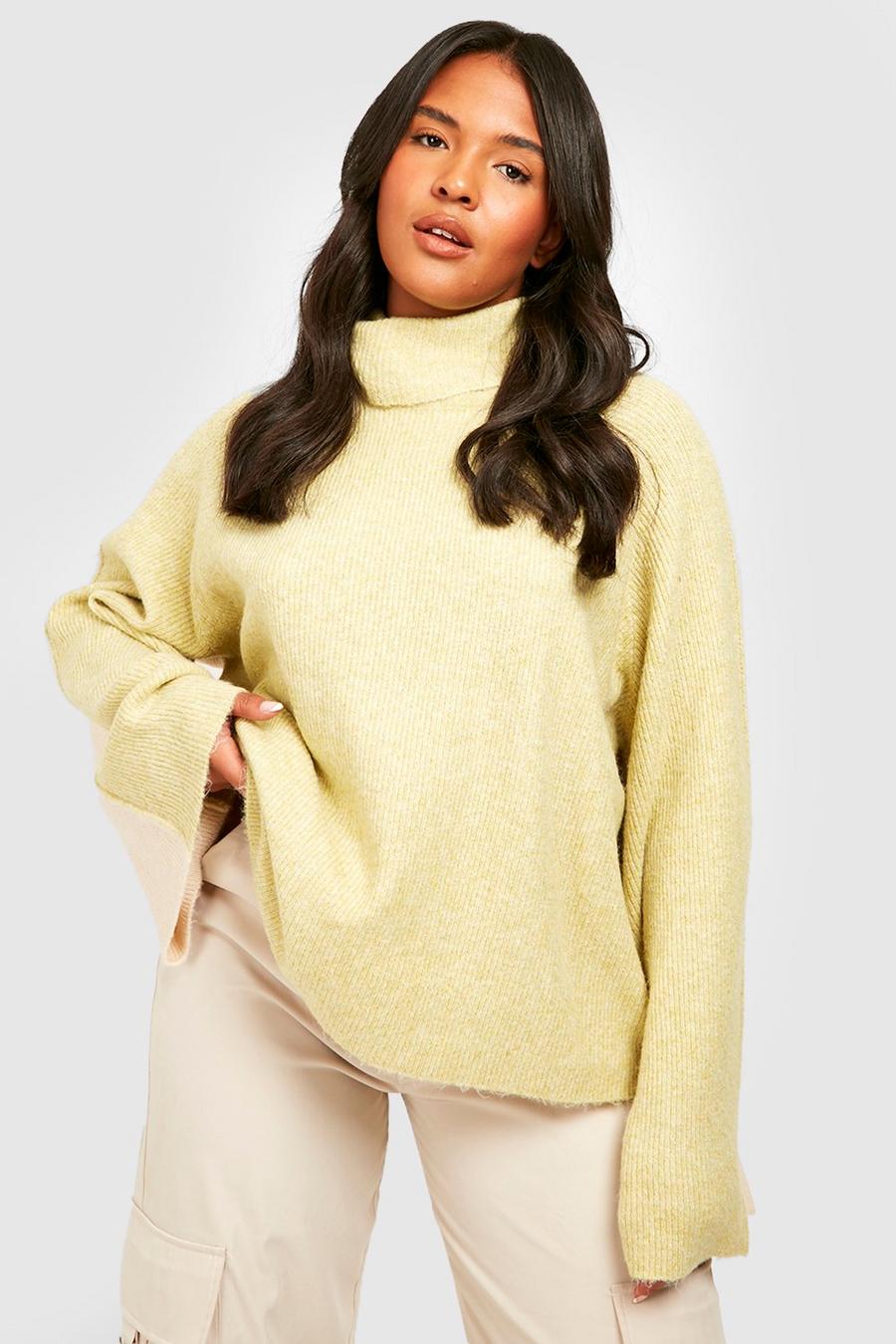 Citrus green Plus Turtleneck Color Block Knitted Sweater image number 1