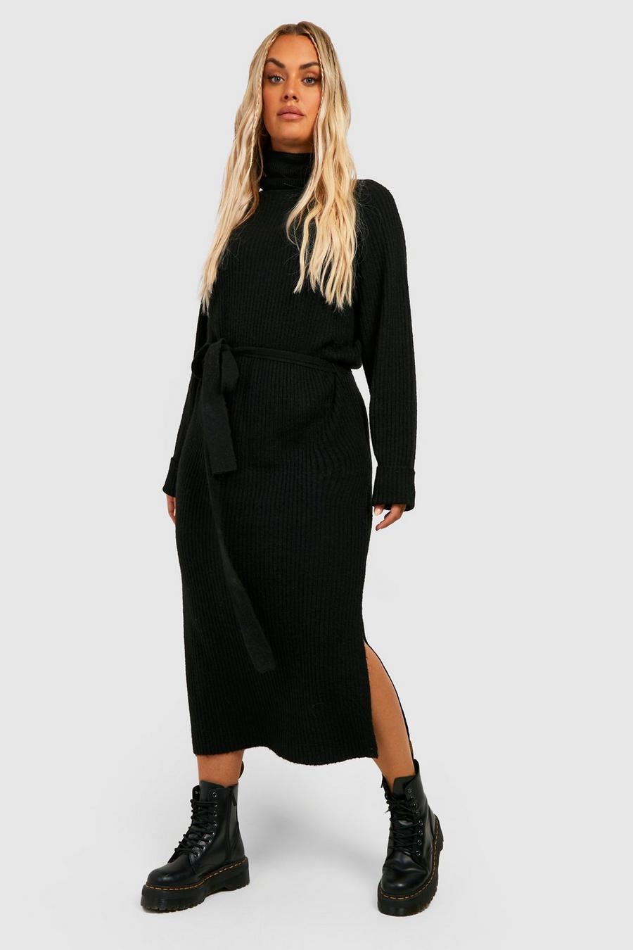 Black Plus Turtleneck Belted Knitted Midi Dress image number 1