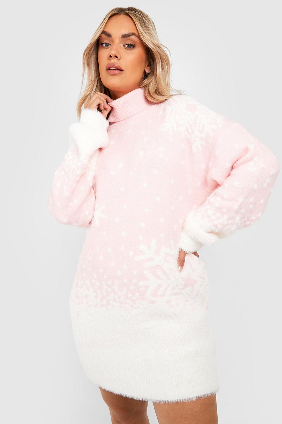 Pink Plus Snowflake Fluffy Knit Roll Neck Jumper image number 1