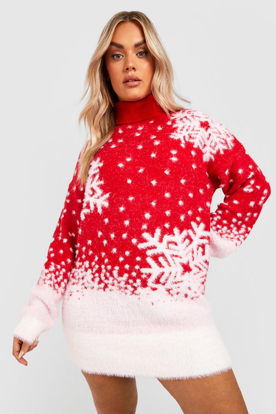 Red Plus Snowflake Fluffy Knit Roll Neck Jumper image number 1