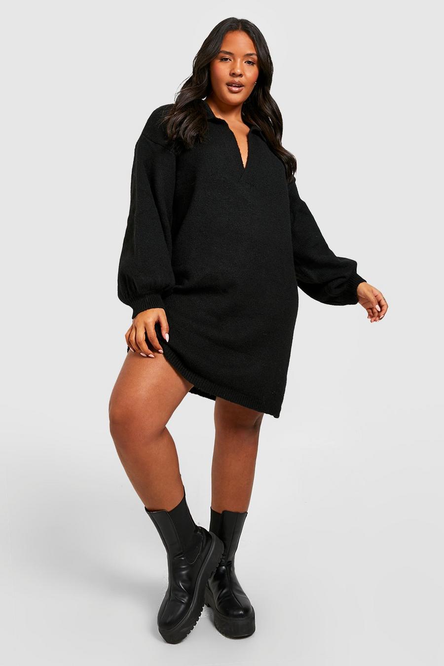 Black Plus Polo Neck Oversized Knitted Jumper Dress image number 1