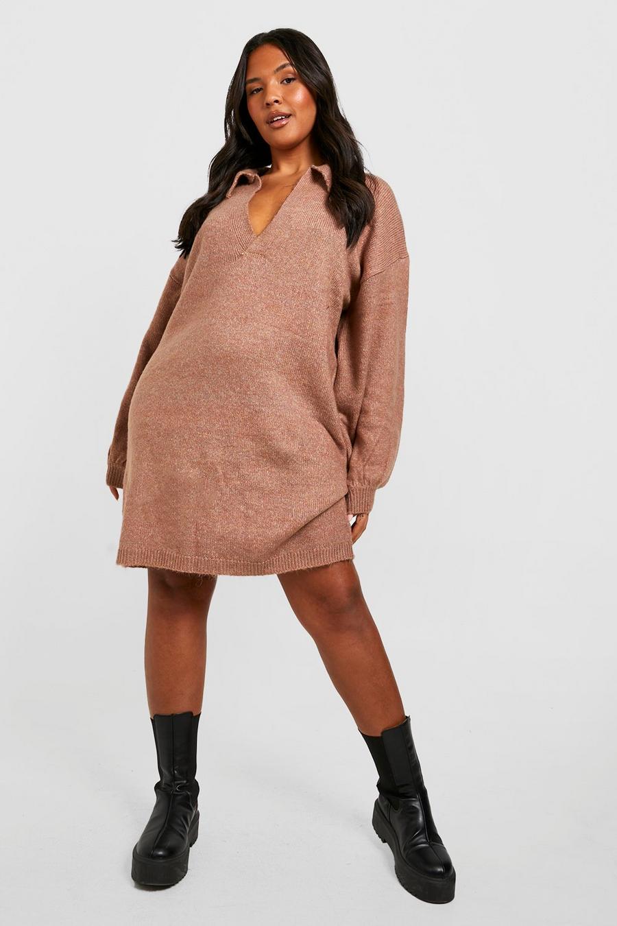 Camel Plus Polo Neck Oversized Knitted Jumper Dress image number 1