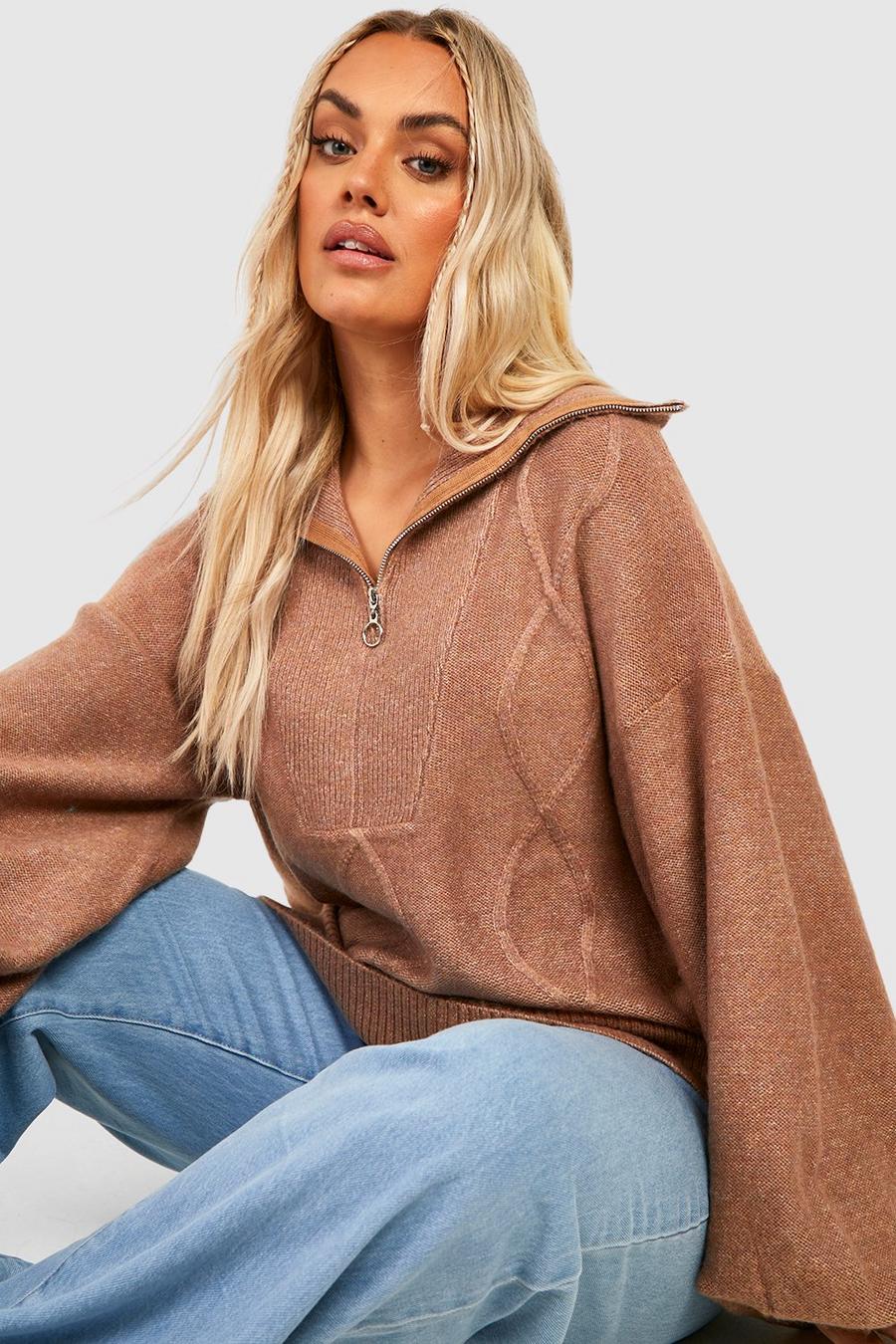 Camel Plus Balloon Sleeve Zip Neck Knitted Jumper image number 1