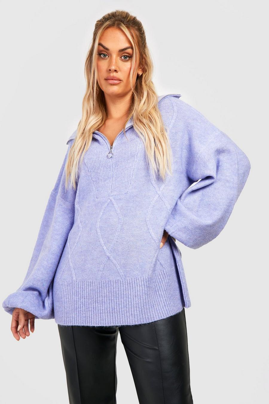 Light blue Plus Balloon Sleeve Zip Neck Knitted Jumper image number 1