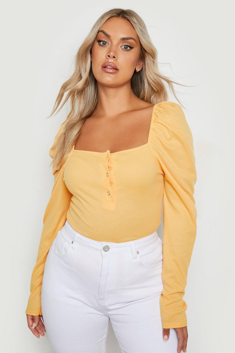 Apricot Plus Knitted Rib Puff Sleeve Bodysuit image number 1
