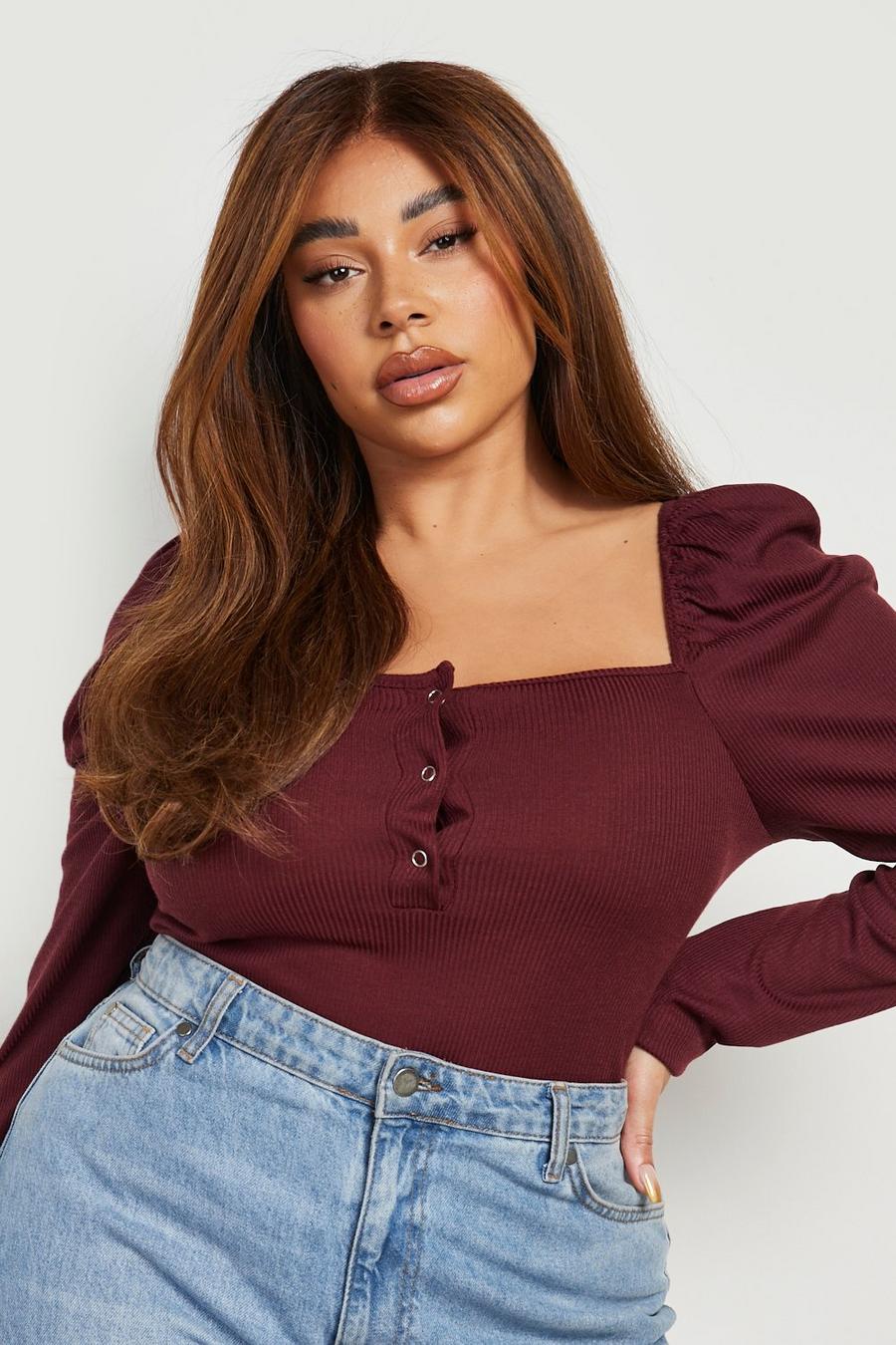 Maroon red Plus Knitted Rib Puff Sleeve Bodysuit