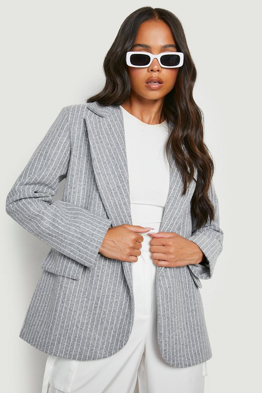 Grey Petite Pinstripe Wool Look Blazer  image number 1