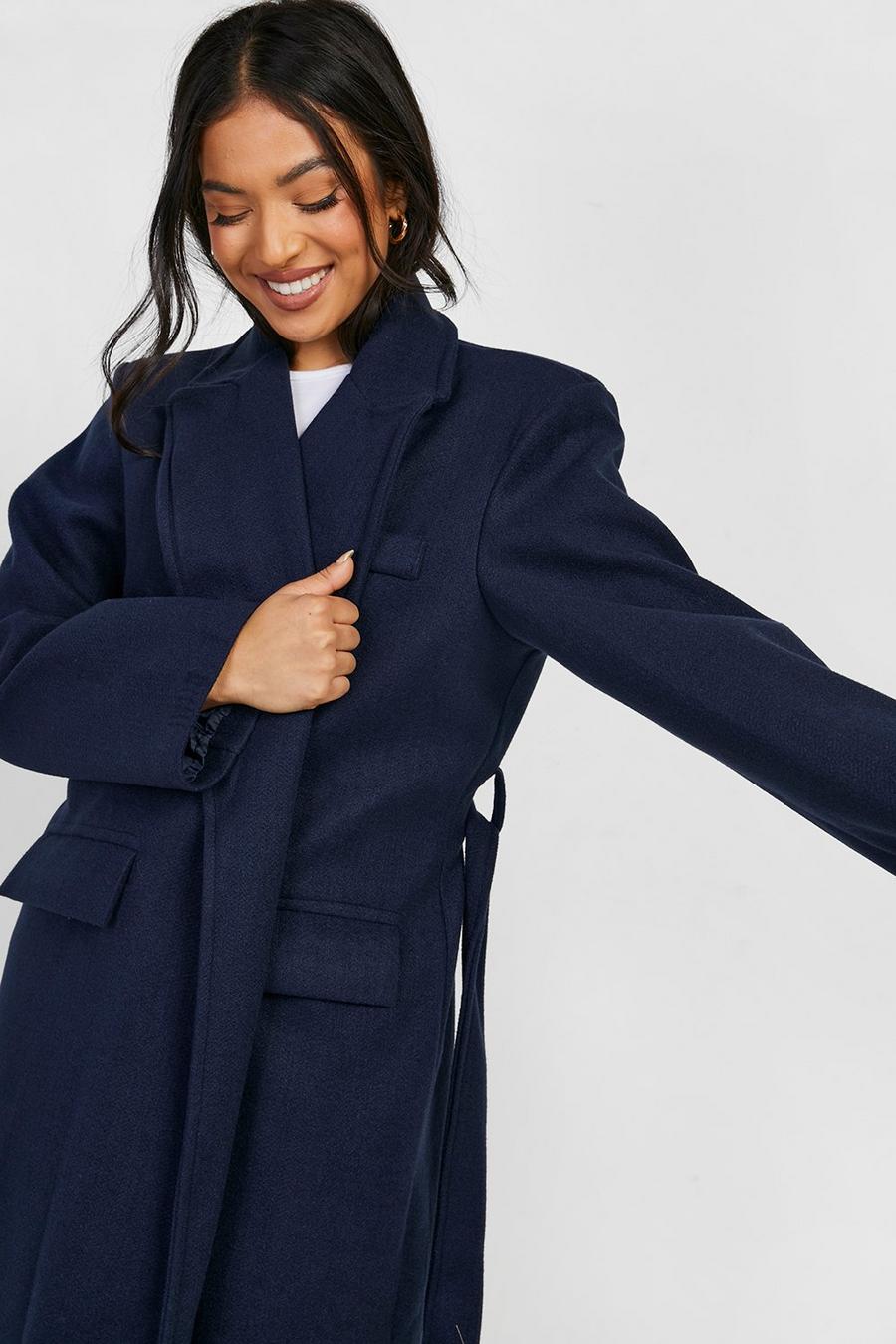 Navy blu oltremare Petite Belted Wool Look Maxi Coat