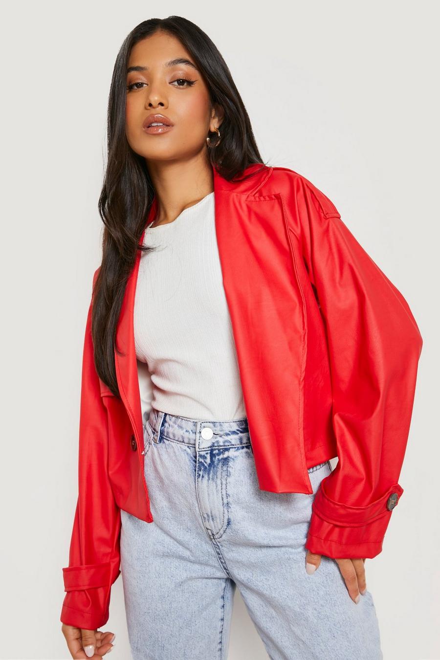 Red Petite Pu Cropped Utility Trench Coat image number 1