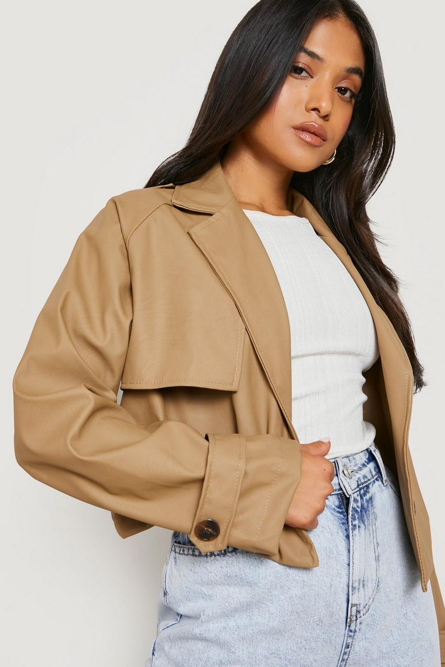 Tan brown Petite Pu Cropped Utility Trench Coat
