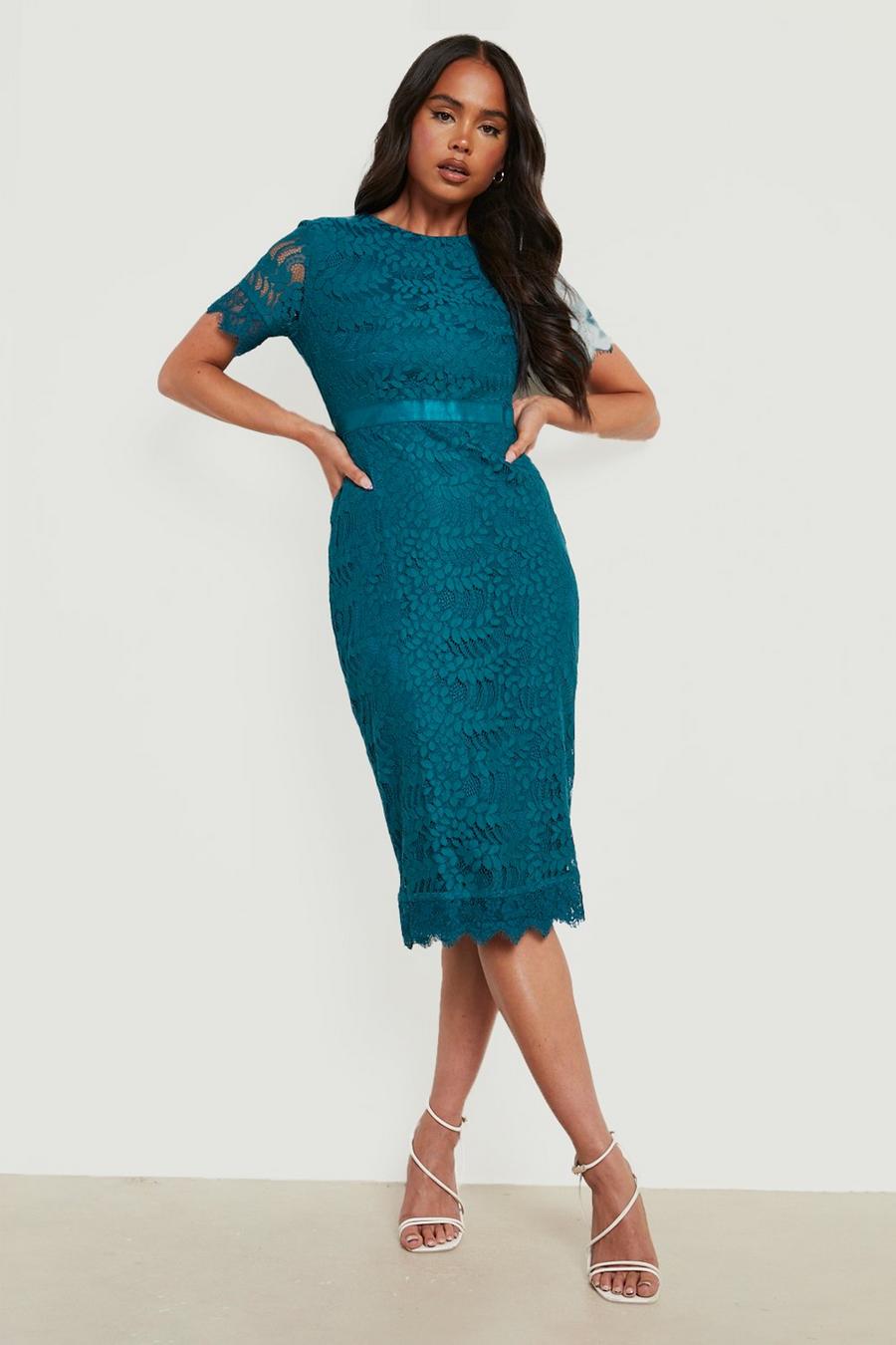 Teal Petite Premium Lace Short Sleeve Midi Dress image number 1
