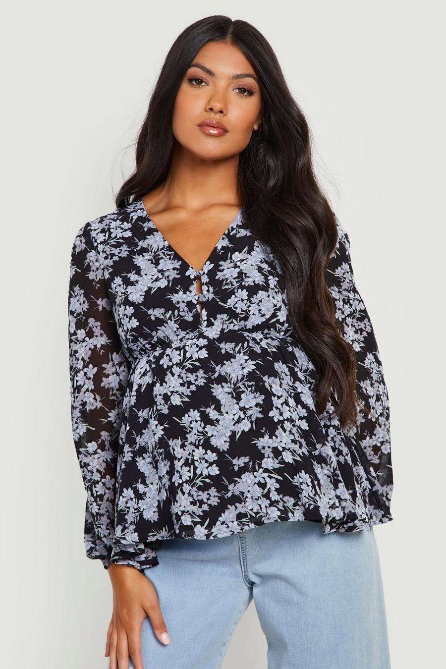 Black Maternity Floral Button Smock Top