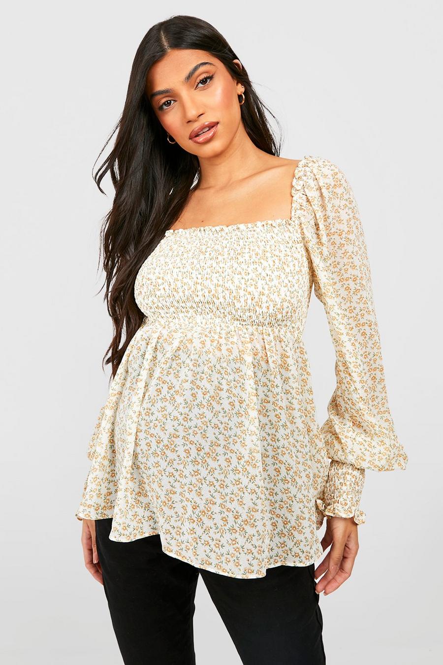 Yellow Maternity Floral Shirred Smock Top image number 1