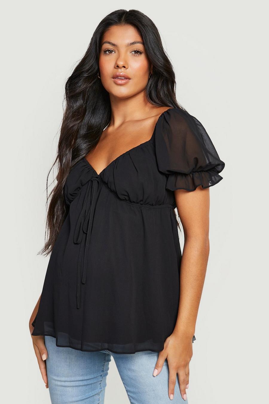 Black Maternity Puff Sleeve Smock Top image number 1