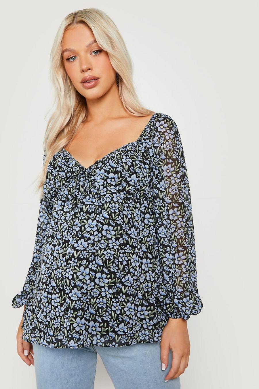 Black Maternity Floral Puff Sleeve Smock Top image number 1